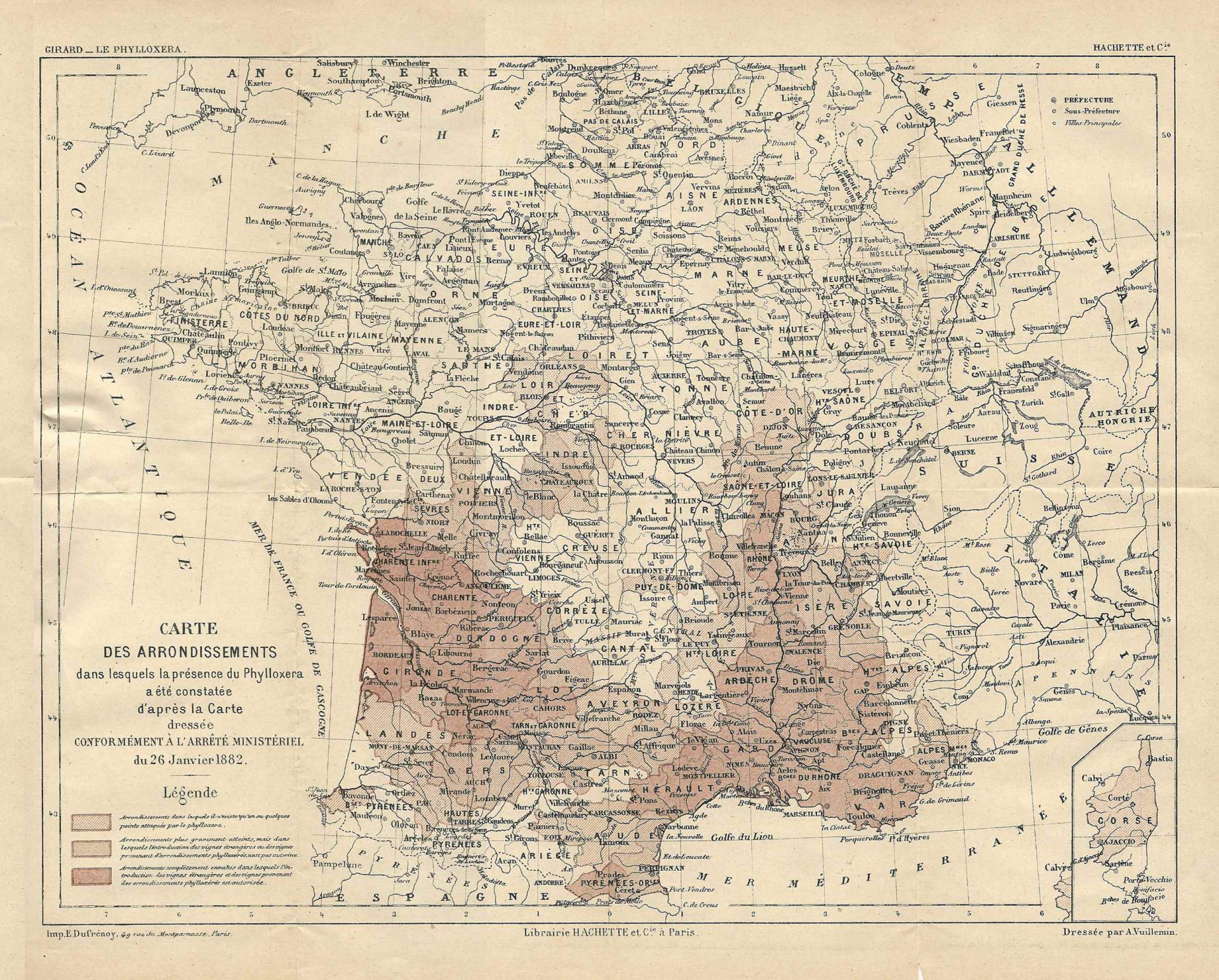 Map of the spread of Phylloxera in France in 1882