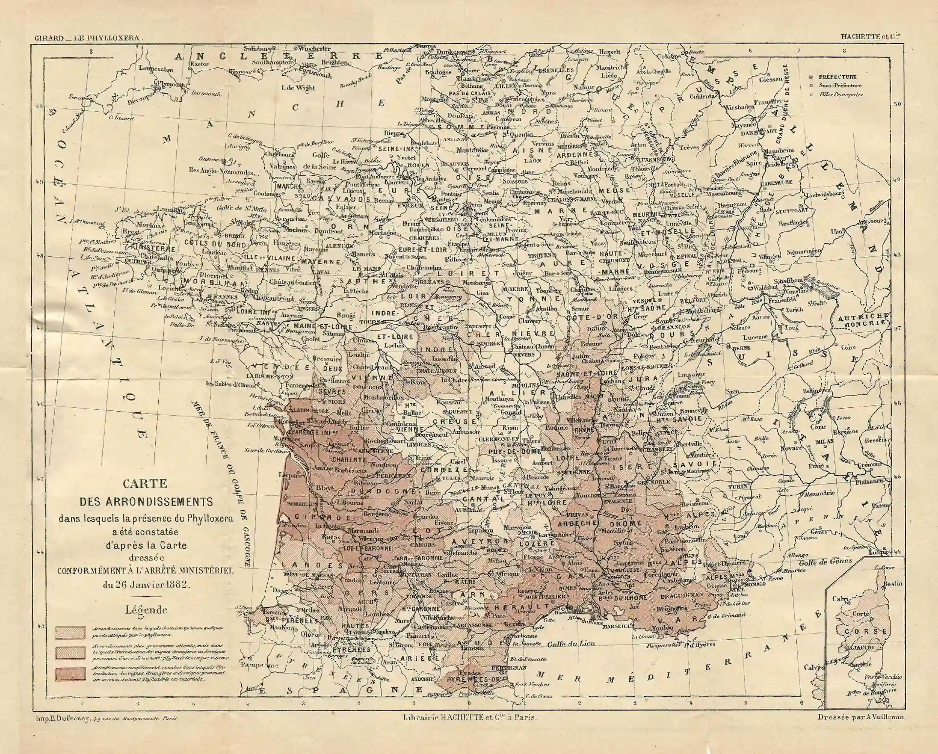 Cognac: Map of the spread of Phylloxera in France in 1882