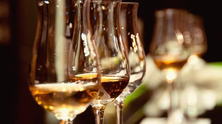 Tulip-shaped brandy glasses on a dark wooden bar, one containing lighter cognac, the other deeper-toned armagnac, with soft warm lighting